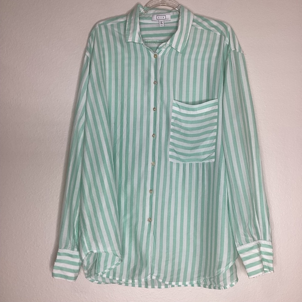 AYR Mint Green and White Striped Button-Up Blouse